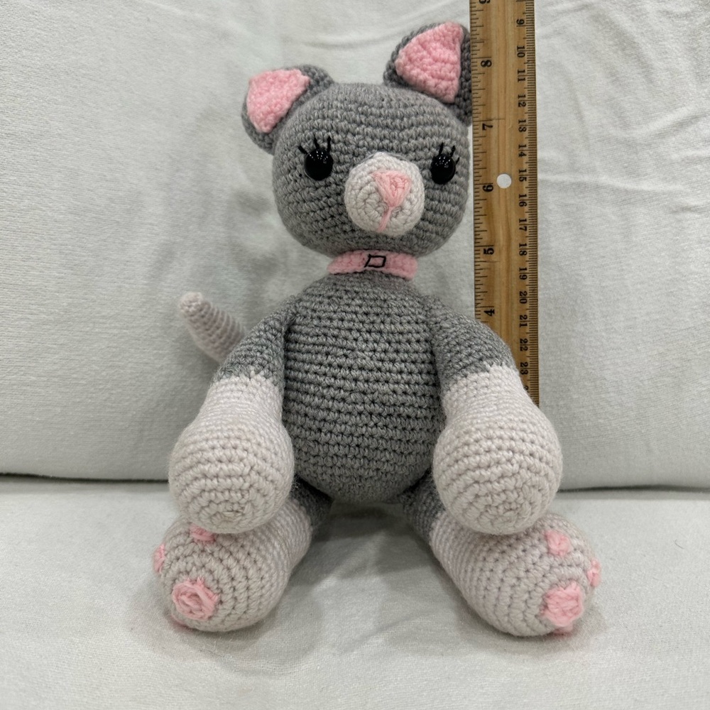 Gray and Pink Crochet Cat Plush